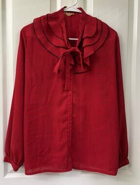 Yaohan Vintage red blouse ruffle black thin strips large long sleeves button